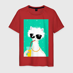Футболка хлопковая мужская Лама-альпака на чиле с бокалом, цвет: красный