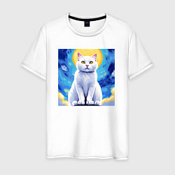 Футболка хлопковая мужская Белый кот на фоне неба, цвет: белый