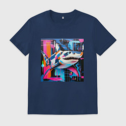 Футболка хлопковая мужская Разноцветная акула, цвет: тёмно-синий
