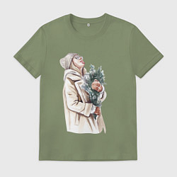 Футболка хлопковая мужская Девушка на снегу, цвет: авокадо