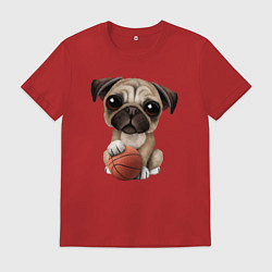 Футболка хлопковая мужская Мопс баскетболист, цвет: красный