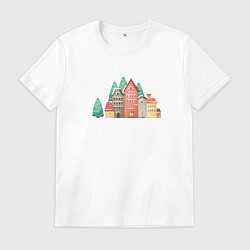 Футболка хлопковая мужская Винтажные домики и новогодние елки, цвет: белый
