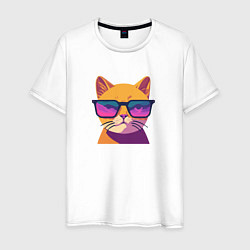 Футболка хлопковая мужская Кот в стильных очках, цвет: белый
