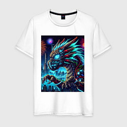 Футболка хлопковая мужская Cyber dragon - ai art neon, цвет: белый