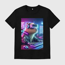 Футболка хлопковая мужская Капибара игроман - неоновое свечение, цвет: черный