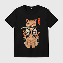 Футболка хлопковая мужская Огненный кот якудза самурай, цвет: черный