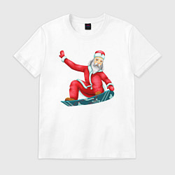 Футболка хлопковая мужская Дед Мороз сноубордист, цвет: белый