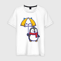 Футболка хлопковая мужская Пингвинчик под зонтом, цвет: белый