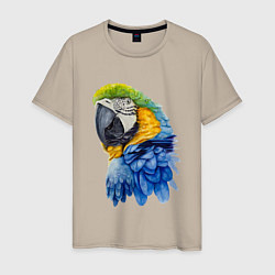 Футболка хлопковая мужская Сине-золотой попугай ара, цвет: миндальный