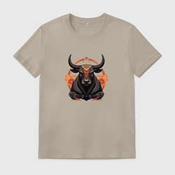 Футболка хлопковая мужская Дзен-бык с цветами, цвет: миндальный