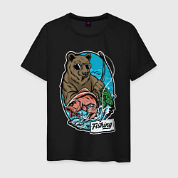 Футболка хлопковая мужская Медведь на рыбалке, цвет: черный