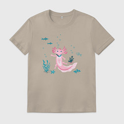 Футболка хлопковая мужская Аксолотль и подводный мир, цвет: миндальный