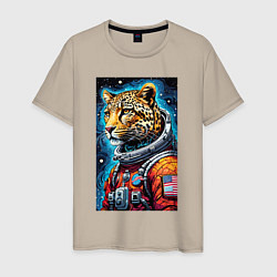Футболка хлопковая мужская Леопард бравый космонавт - нейросеть, цвет: миндальный