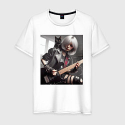 Футболка хлопковая мужская Девчонка рок гитарист с чёрным котом, цвет: белый