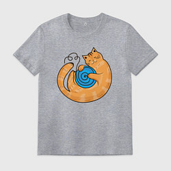 Футболка хлопковая мужская Арт мультяшный рыжий кот с клубком спит котуром, цвет: меланж