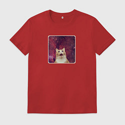 Футболка хлопковая мужская Рыжий кот в космосе мем, цвет: красный