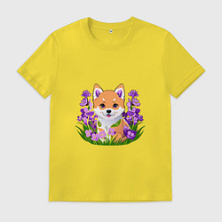Футболка хлопковая мужская Щенок Сибу-ину среди сиреневых цветов, цвет: желтый
