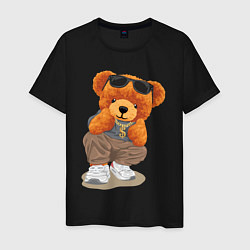 Футболка хлопковая мужская Плюшевый медведь в очках, цвет: черный