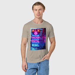 Футболка хлопковая мужская Ai hacker digital rebel - neon glow, цвет: миндальный — фото 2