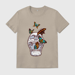 Футболка хлопковая мужская Бабочки и череп, цвет: миндальный