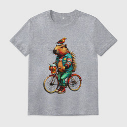 Футболка хлопковая мужская Капибара велосипед птичка на голове, цвет: меланж