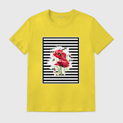 Футболка хлопковая мужская Акварельные маки на полосатом фоне, цвет: желтый
