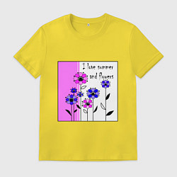 Футболка хлопковая мужская Люблю лето и цветы яркий розовый, цвет: желтый