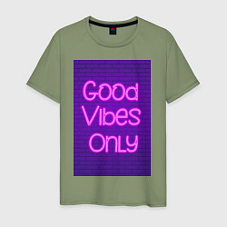 Футболка хлопковая мужская Неоновая надпись good vibes only и кирпичная стена, цвет: авокадо