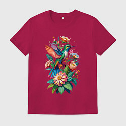 Футболка хлопковая мужская Колибри среди цветов, цвет: маджента