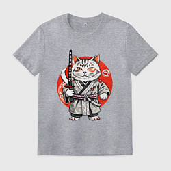 Футболка хлопковая мужская Ниндзя кот с саблей красное солнце, цвет: меланж