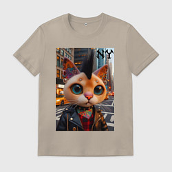 Футболка хлопковая мужская Глазастый котёнок панк из Нью-Йорка - нейросеть, цвет: миндальный