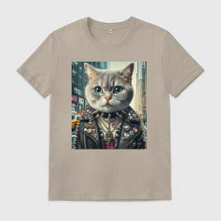 Футболка хлопковая мужская Прикольный котик фанат тяжёлого рока - нейросеть, цвет: миндальный