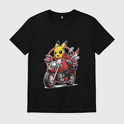 Футболка хлопковая мужская Пикачу мчится на мотоцикле, цвет: черный