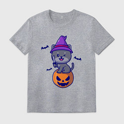 Футболка хлопковая мужская Котик и хэллоуин, цвет: меланж