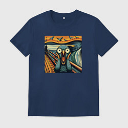 Футболка хлопковая мужская Голубь пародия на крик Мунка, цвет: тёмно-синий