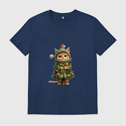 Футболка хлопковая мужская Кот в костюме новогодней елки, цвет: тёмно-синий
