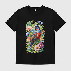 Футболка хлопковая мужская Расписной овсянковый кардинал среди цветов, цвет: черный