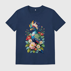 Футболка хлопковая мужская Красивая птица турако среди цветов, цвет: тёмно-синий