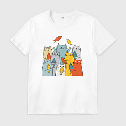 Футболка хлопковая мужская Коты и рыбы, цвет: белый