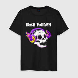 Футболка хлопковая мужская Iron Maiden - неоновый череп, цвет: черный