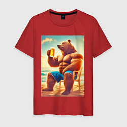 Футболка хлопковая мужская Bear bodybuilder with a cup of beer on a beach - a, цвет: красный