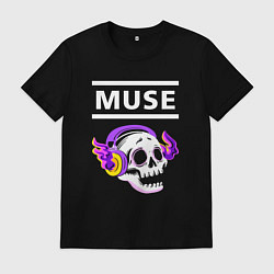Футболка хлопковая мужская Muse - неоновый череп, цвет: черный