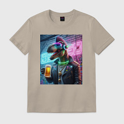 Футболка хлопковая мужская Dinosaur dude with a beer mug wearing headphones a, цвет: миндальный