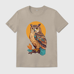 Футболка хлопковая мужская Сова на ветке с листьями, цвет: миндальный
