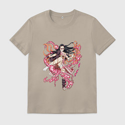 Футболка хлопковая мужская Красивая боевая Незуко - Demon slayer, цвет: миндальный