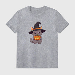 Футболка хлопковая мужская Кот в шляпе ведьмы с тыквой, цвет: меланж