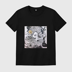 Футболка хлопковая мужская Лицо в абстракционистском стиле и животные, цвет: черный