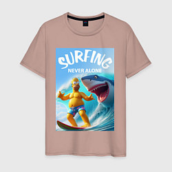 Футболка хлопковая мужская Homer Simpson and shark - surfing never alone, цвет: пыльно-розовый