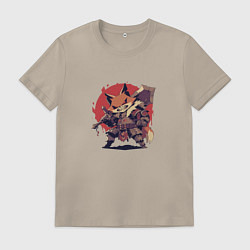 Футболка хлопковая мужская Боевой лис с большим мечом, цвет: миндальный