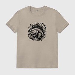 Футболка хлопковая мужская Татуировка лосось в брызгах воды, цвет: миндальный